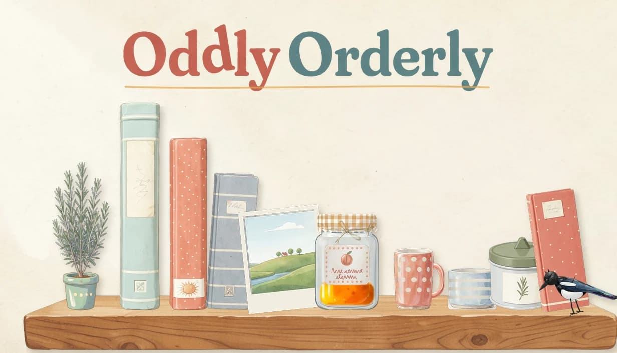 Oddly Orderly key art: the wordmark above a wooden shelf of books, a photo, a jar of jam, mugs and a rosemary plant, with the magpie at the end