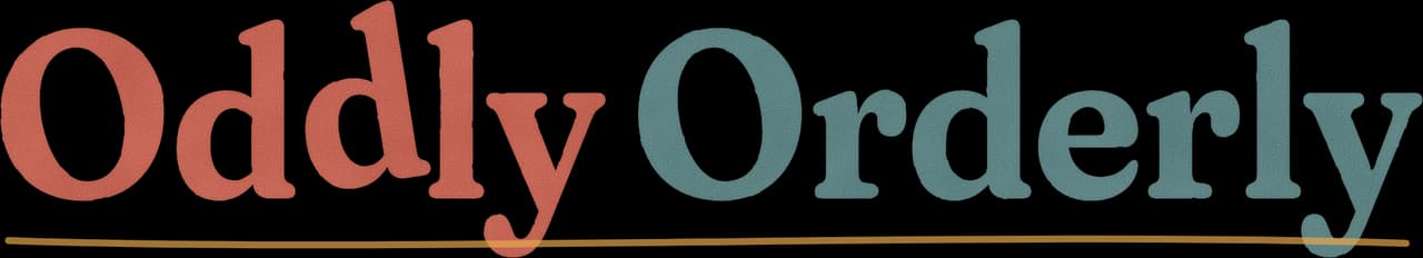 The Oddly Orderly wordmark: “Oddly” in coral and “Orderly” in teal over a thin mustard line