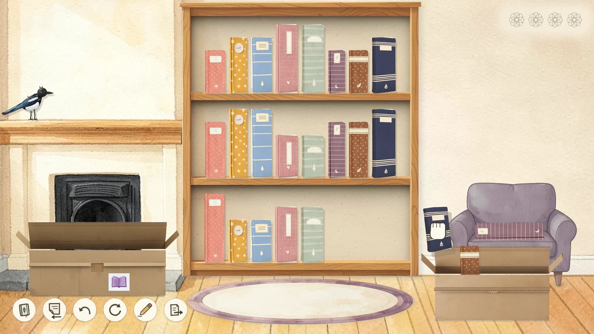 A living-room bookcase whose books stand in columns by colour, with a hand carrying one of the last books and the magpie perched on the mantelpiece