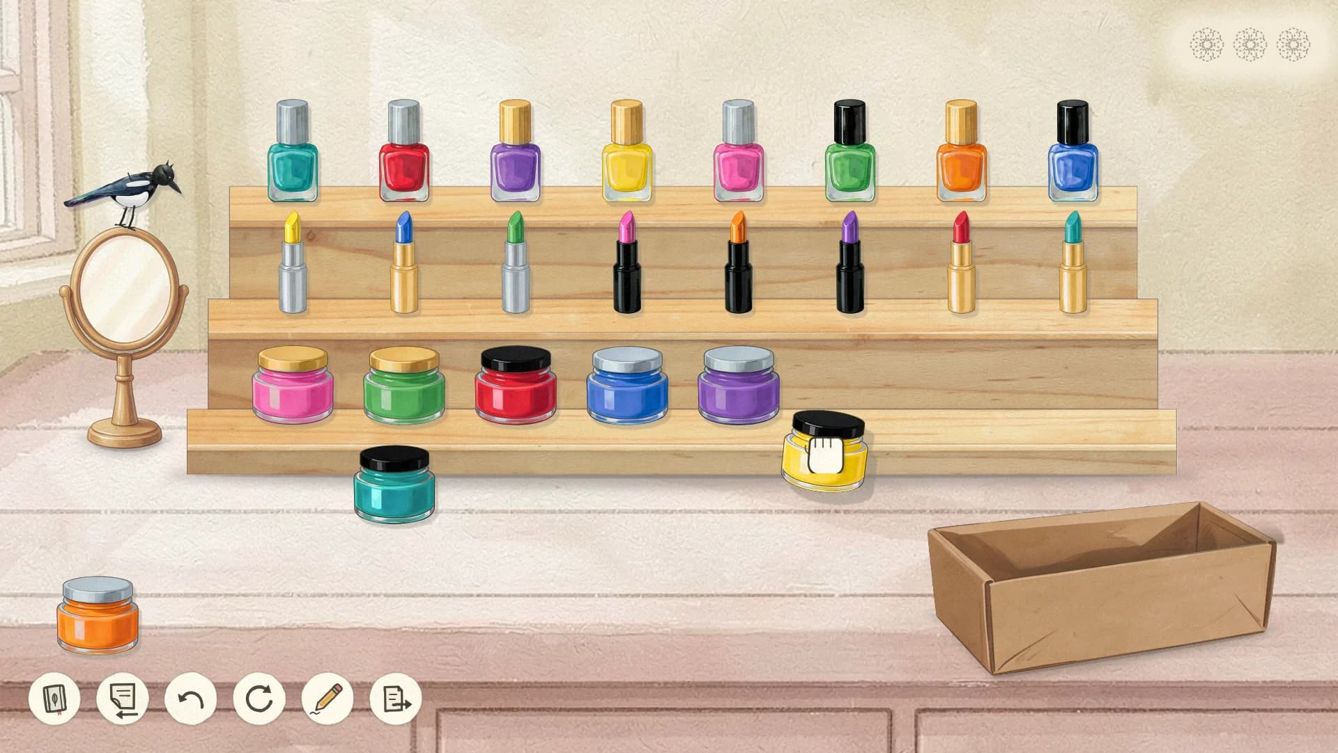 A dressing table with rows of nail varnish, lipsticks and pots of colour, a yellow pot being carried to its row, and the magpie perched on a round mirror