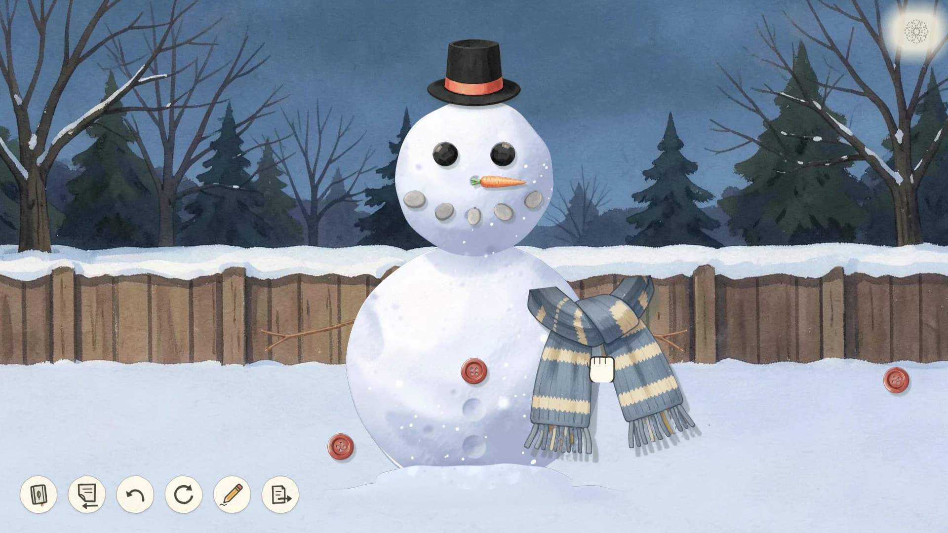 A snowman in a snowy garden at dusk, with a top hat, coal eyes and a carrot nose, and a striped scarf being wrapped round his neck