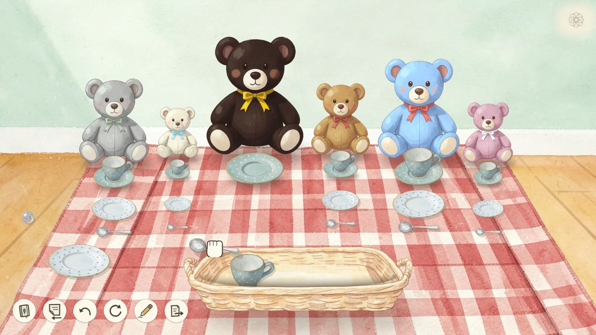 Six teddy bears of different sizes along a red checked picnic cloth, each with a cup, a plate and a spoon, the last pieces coming from a basket