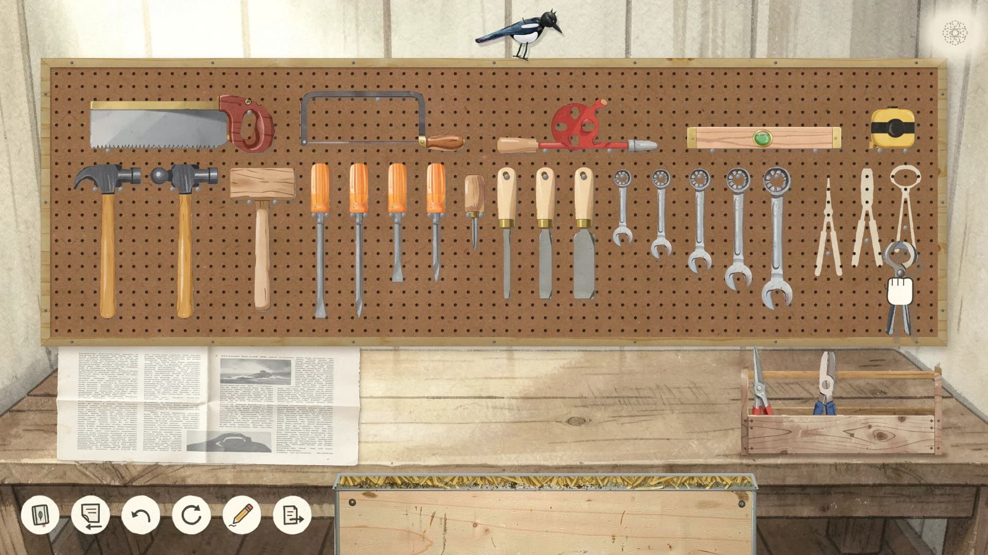 A pegboard in the shed with saws, hammers, screwdrivers, chisels and spanners hung in their places, the magpie on top, and the last pliers on their way