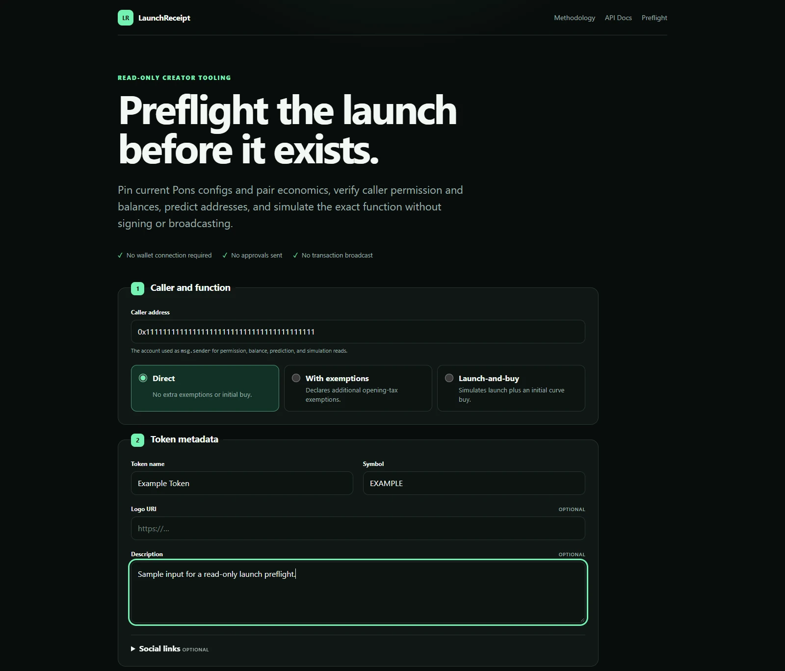 LaunchReceipt — Creator preflight · Sample inputs