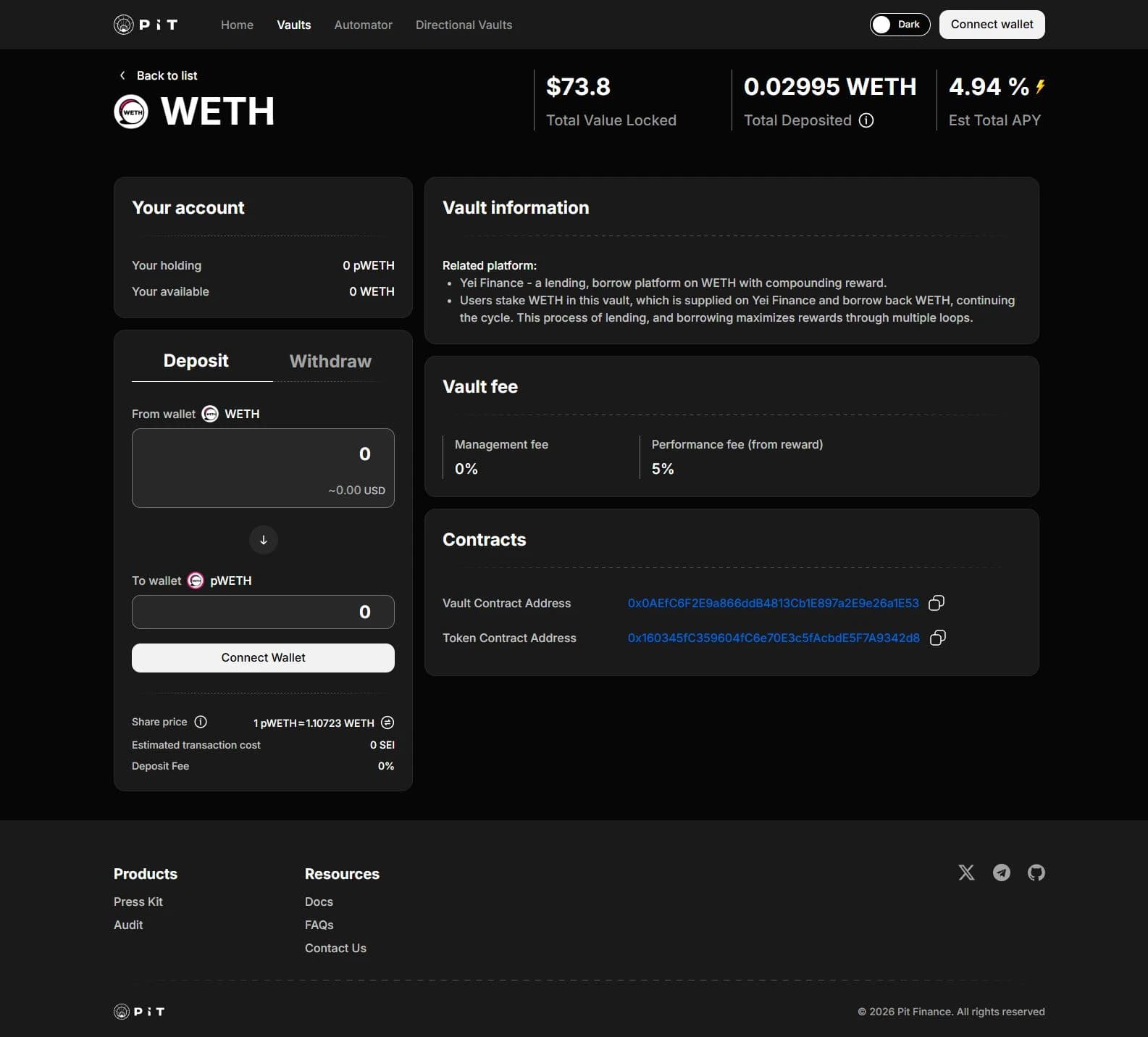 Pit Finance — Vault details & deposit interface
