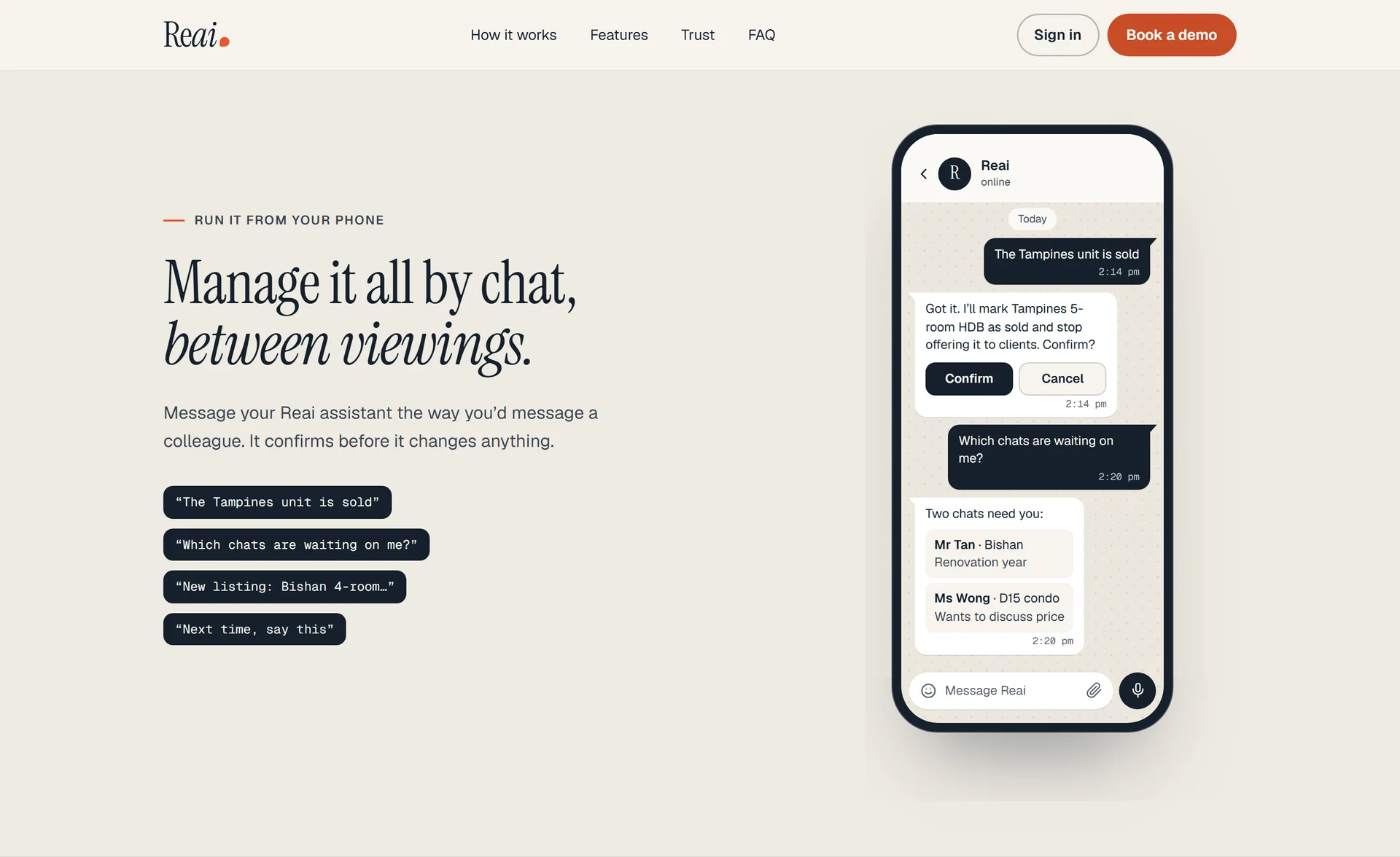 Reai — Managing listings by chat · Illustrative conversation