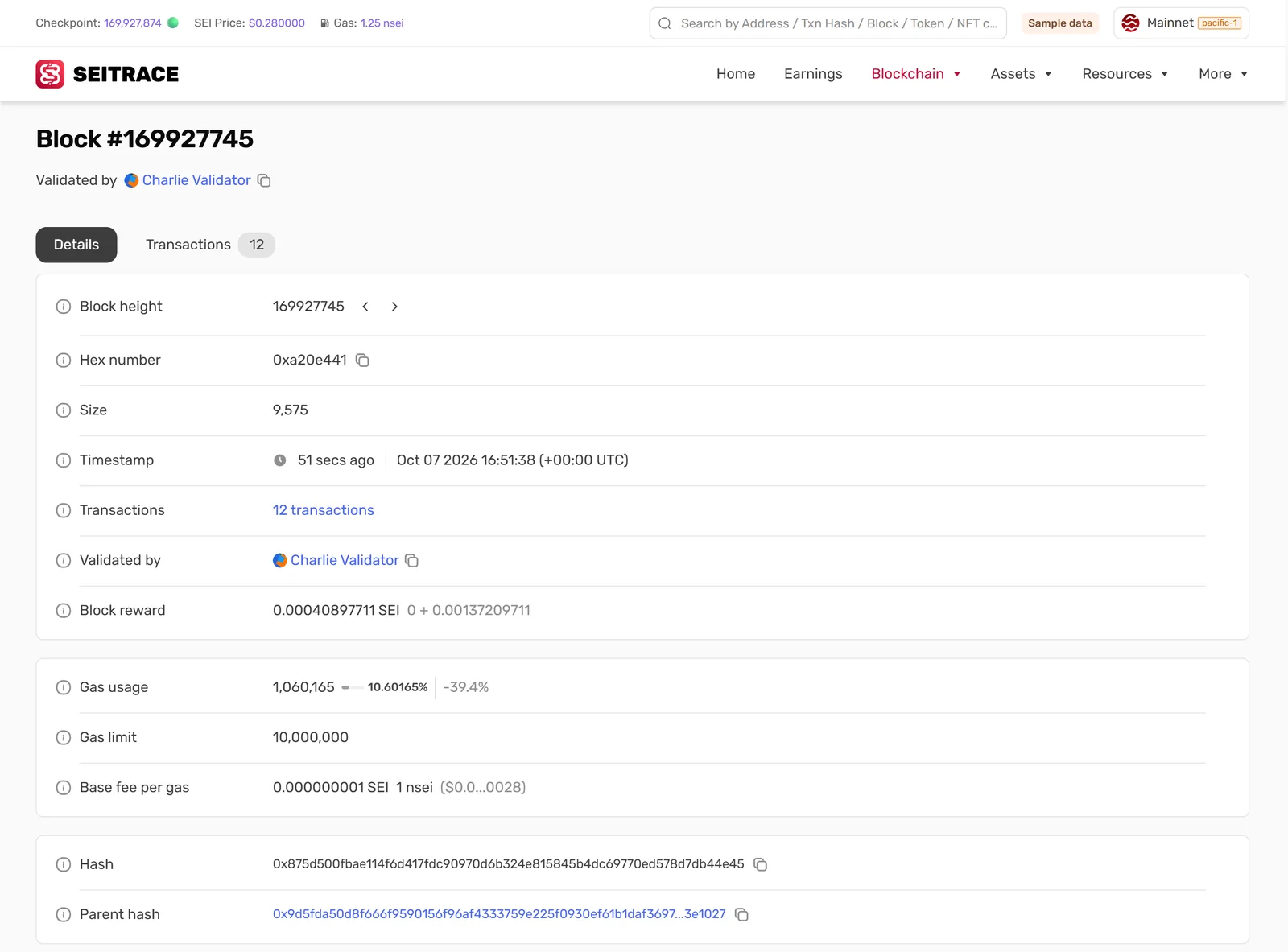 Seitrace — Block details · Sample data