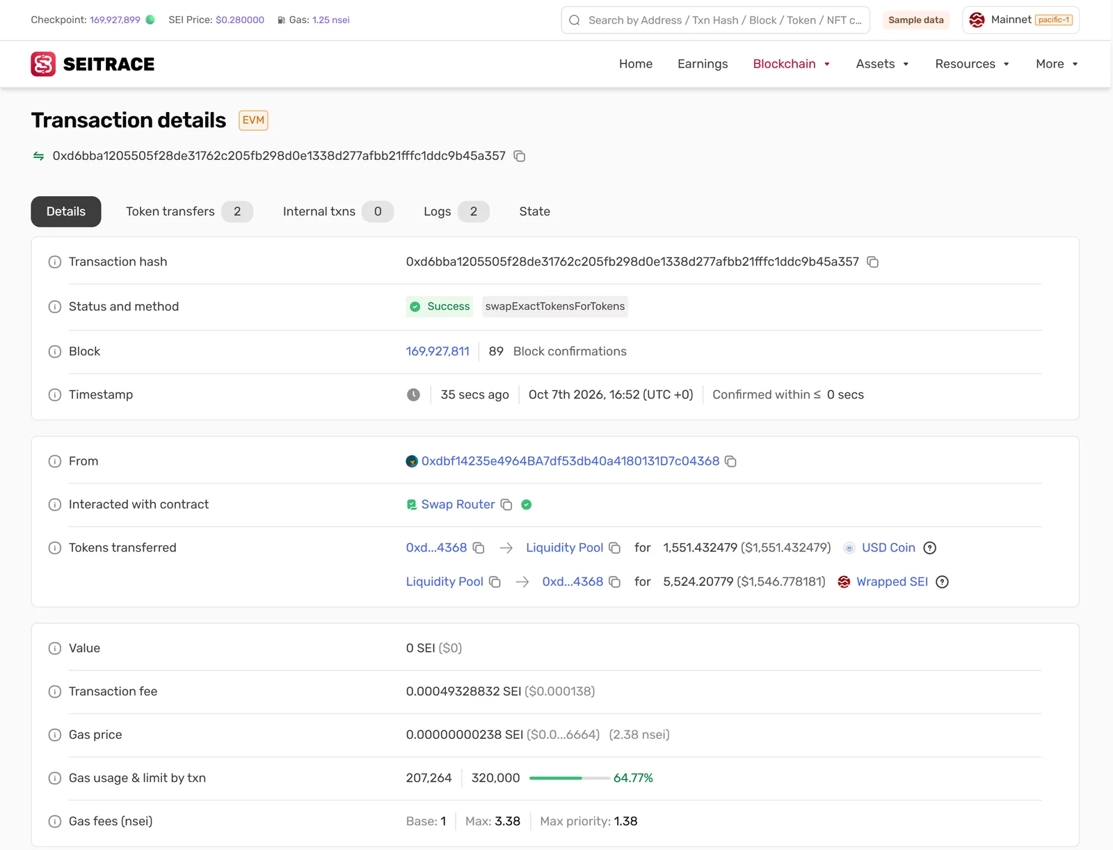 Seitrace — Transaction details · Sample data